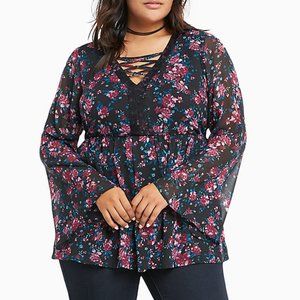 Torrid Floral Print Chiffon Lace Up Top Black 5X